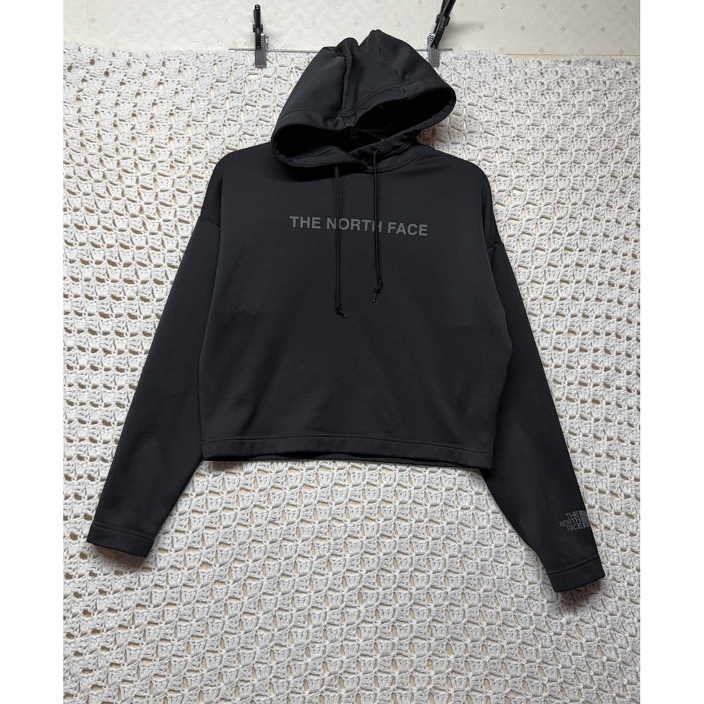 The North Face Cropped Hoodie Women XS Black Tech Fleece Logo Pullover Sweashirt